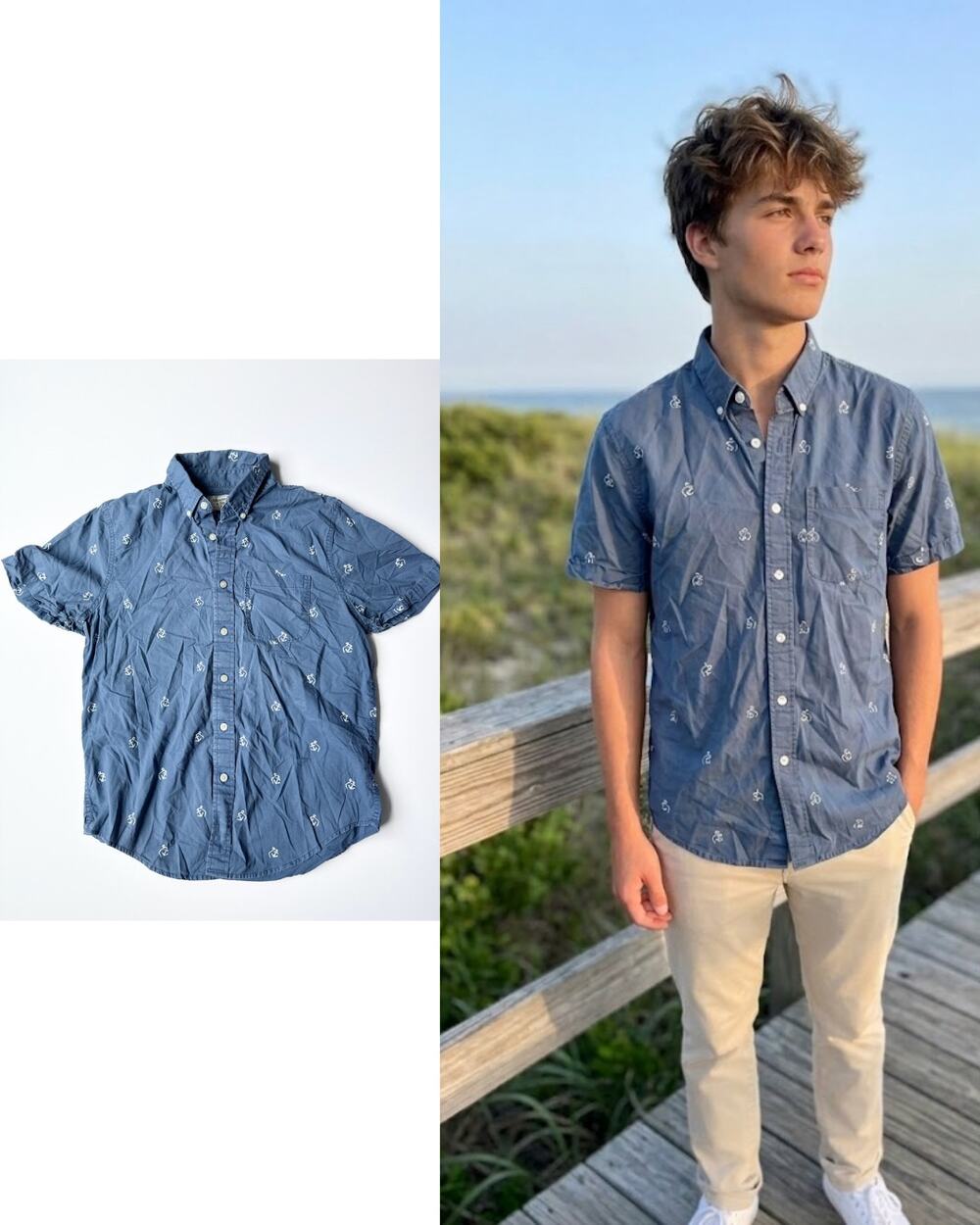 Abercrombie & Fitch Anchor Print Short Sleeve Button-Down Shirt | Men's Medium